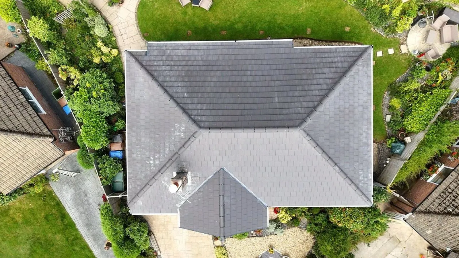 Aerial view of a completed roof in Stockport